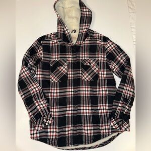 Boston Traders Men’s Sherpa Lined Shacket Jacket Black White Red Plaid Size M